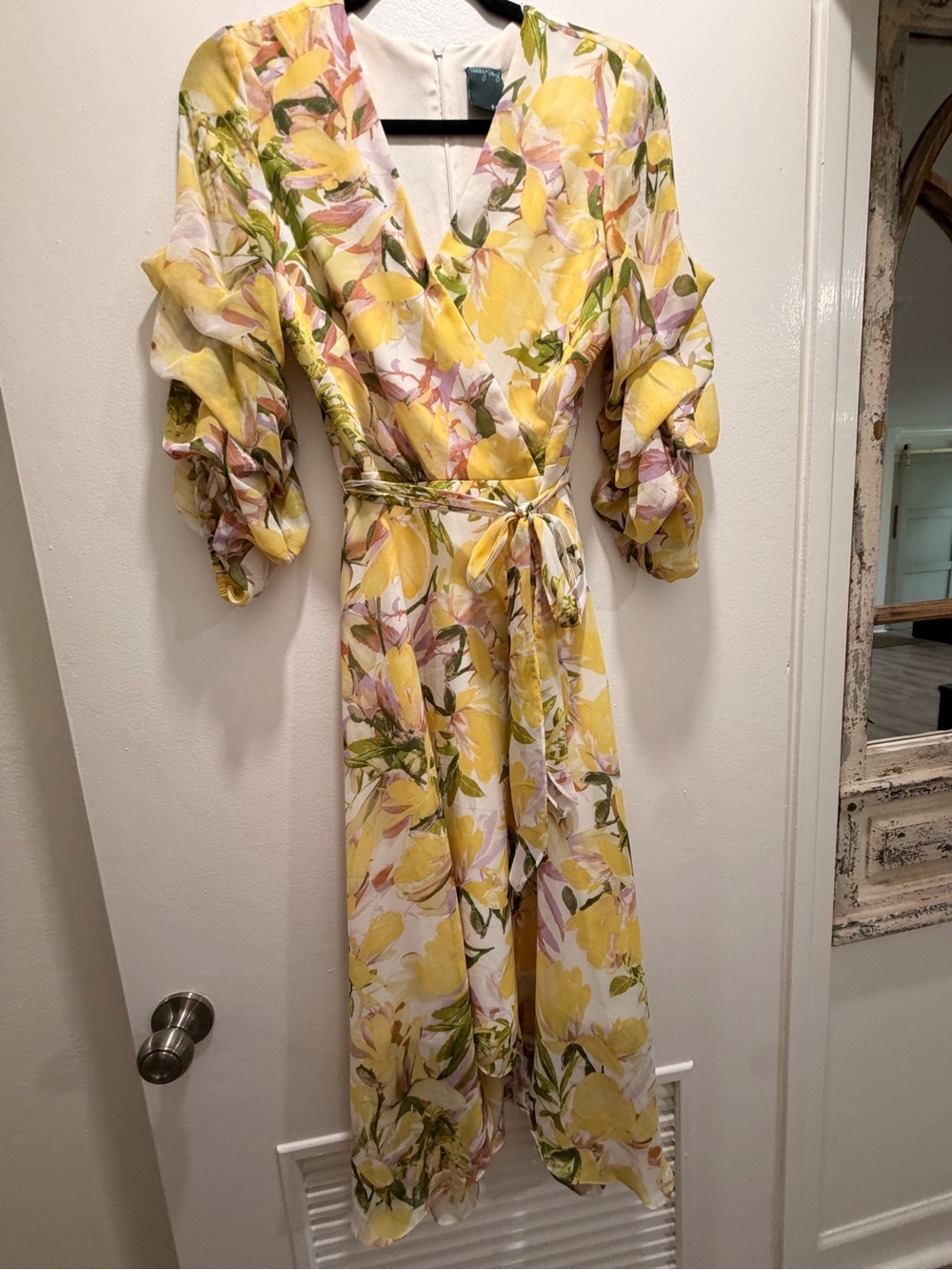 Gabby Skye Yellow Floral Wrap Midi Dress